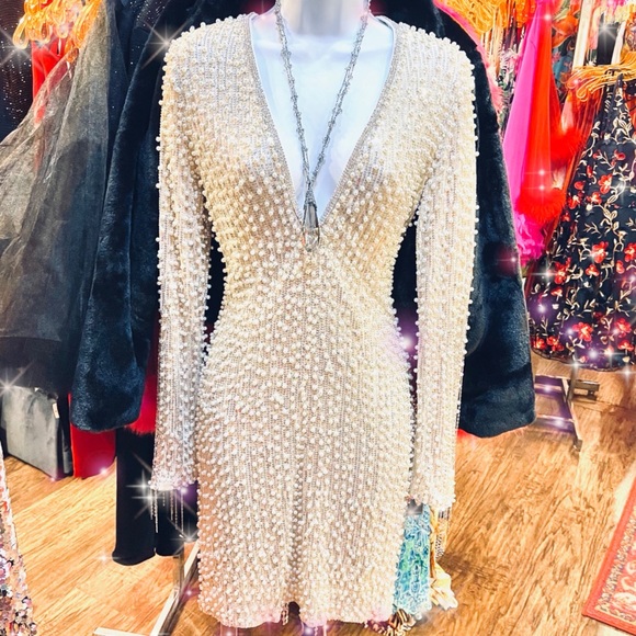 Hand Beaded Pearl Sequin Metallic Chain Long Sleeve Stunning Fancy Dress - Picture 4 of 11